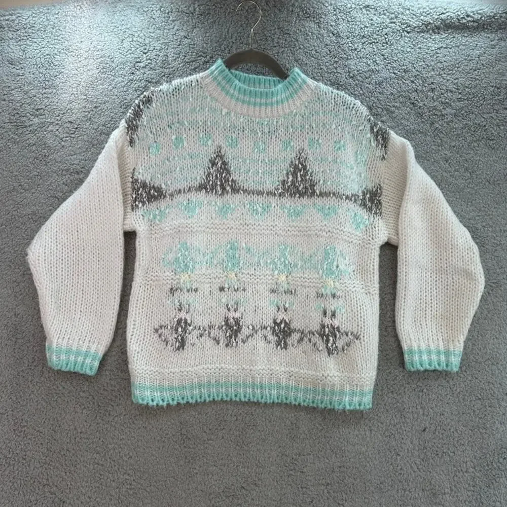 VTG Helium 80's Women's Large Knit Sweater Crew Neck White‎ / Gray / Blue